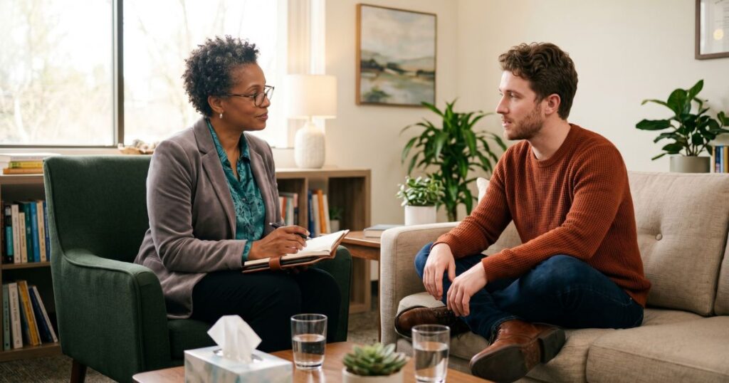 A professional therapist providing evidence-based treatment for conditions cognitive behavioural therapy can treat during a session at York Region CBT.