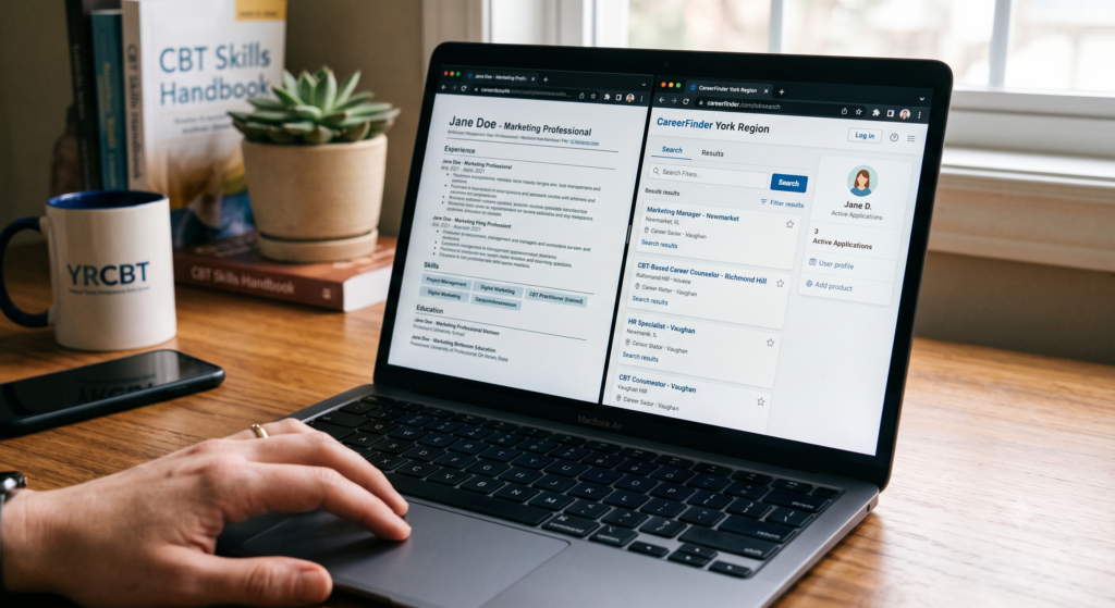 A job seeker utilizing behavioral activation techniques to complete a job application as part of a targeted CBT treatment plan.