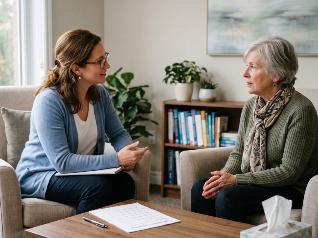 Female clinician providing Cognitive Behavioral Therapy (CBT) to an older adult at York Region CBT clinic in Vaughan