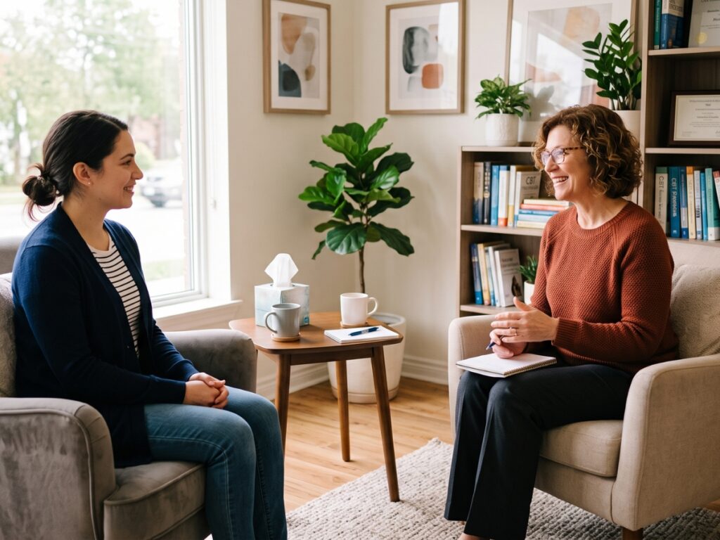 A welcoming cognitive behavioral therapist talking with a client during an in-person session at York Region CBT.