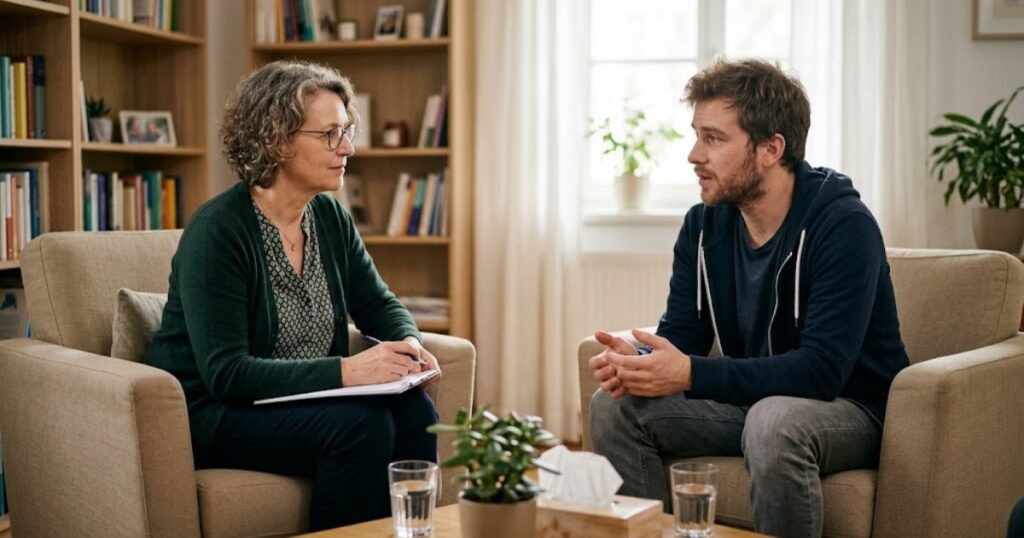 Therapist discussing what is cognitive behavioral therapy with a client in a Vaughan therapy office