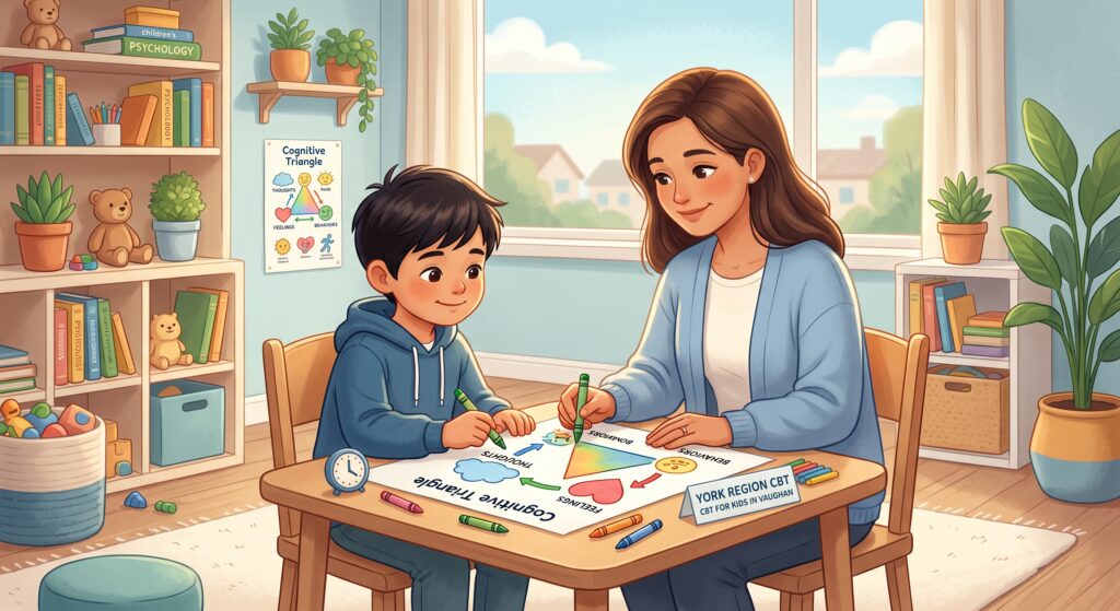 Child and pediatric therapist doing a creative drawing exercise during a CBT session in Vaughan