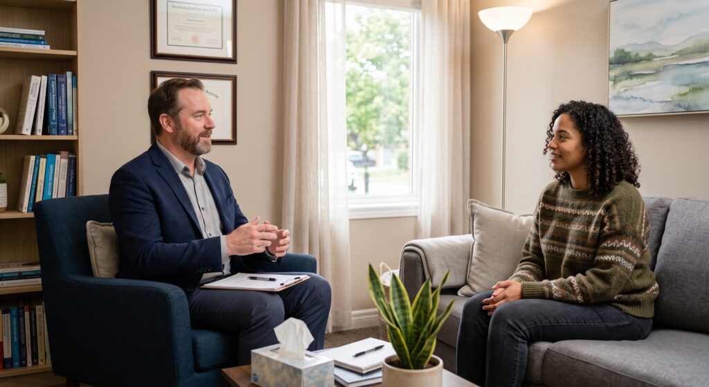 Psychologist conducting a structured CBT for depression session with a client in an office.