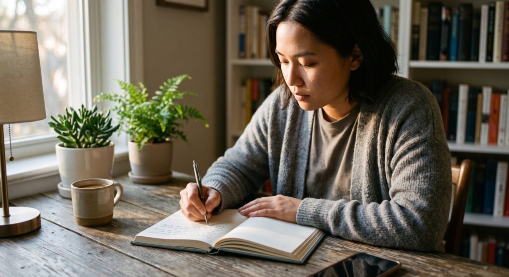 Person writing out a CBT thought record to manage generalized anxiety disorder symptoms at home.