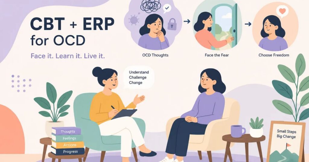 Infographic illustrating the Exposure and Response Prevention (ERP) therapy cycle for breaking OCD compulsions.