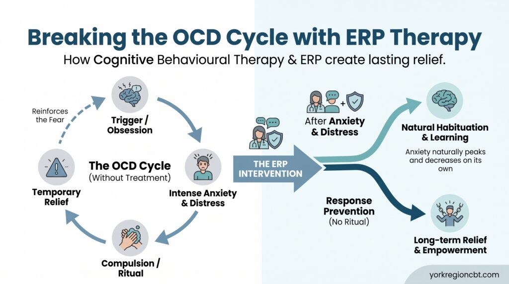 Informational diagram explaining the cycle of obsessions, compulsions, and ERP therapy for OCD relief.