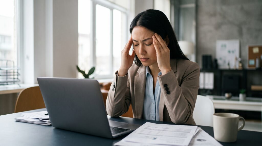Stressed professional sitting at her desk and holding her temples, illustrating the physical and cognitive indicators that suggest a need for anxiety therapy in Vaughan.