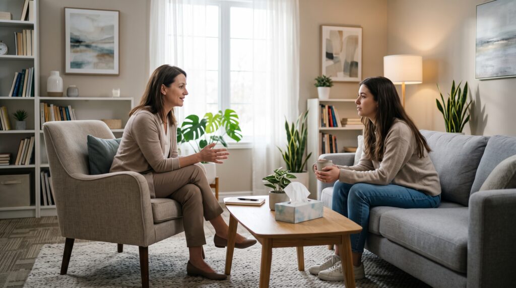 An empathetic licensed therapist conducting a supportive psychotherapy session with a client in a warm, welcoming office in Vaughan.